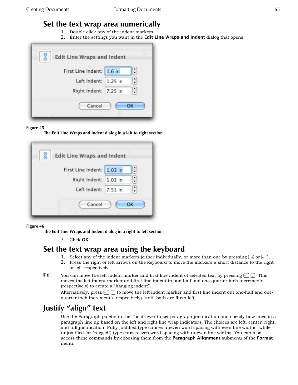 Set the text wrap area using the keyboard, Justify “align” text, Set the text wrap area numerically | Nisus Writer Express User Manual | Page 85 / 316