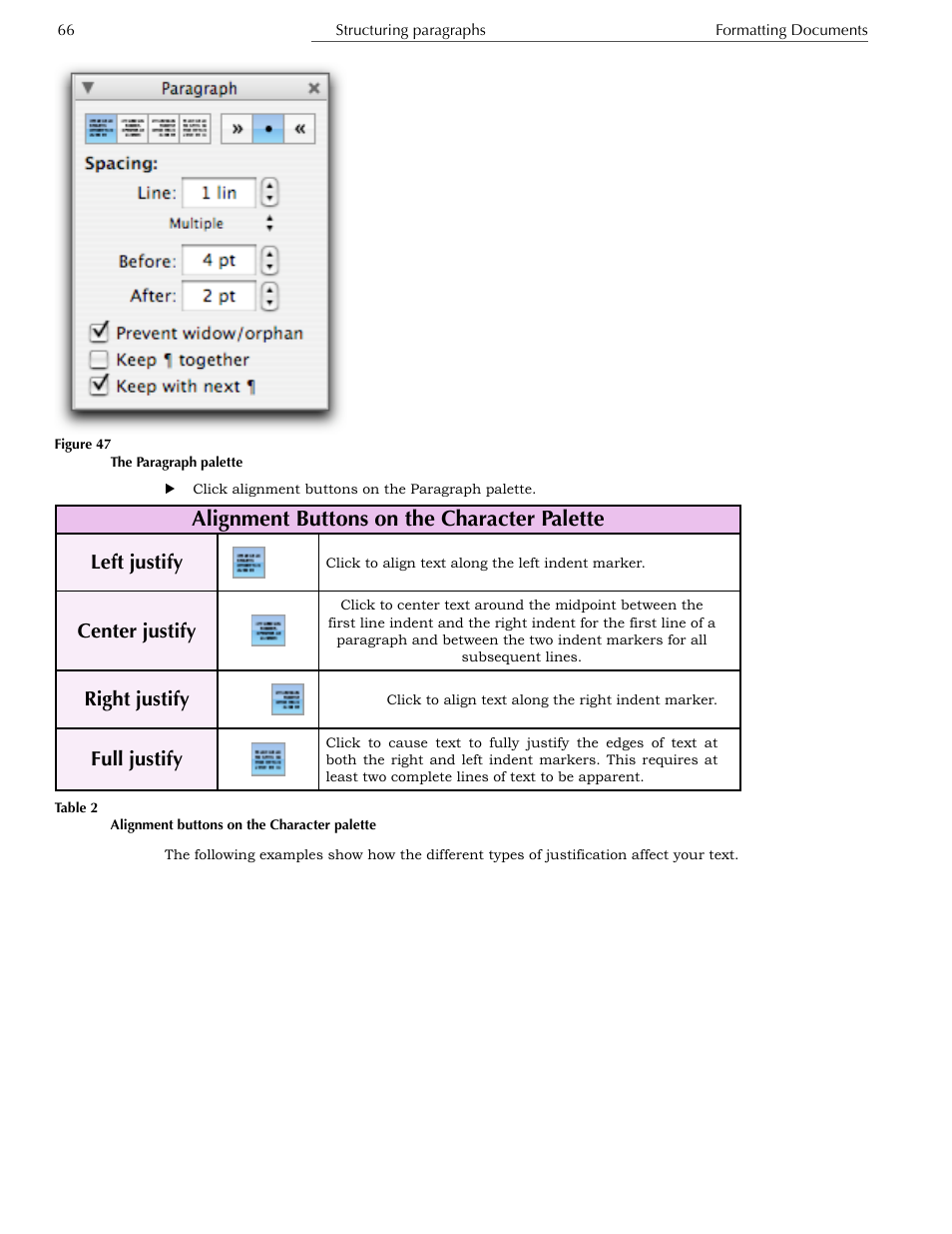 Alignment buttons on the character palette | Nisus Writer Express User Manual | Page 86 / 316