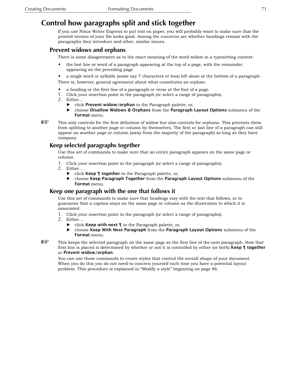 Keep selected paragraphs together, Keep one paragraph with the one that follows it, Set tabs | Control how paragraphs split and stick together, Prevent widows and orphans | Nisus Writer Express User Manual | Page 91 / 316
