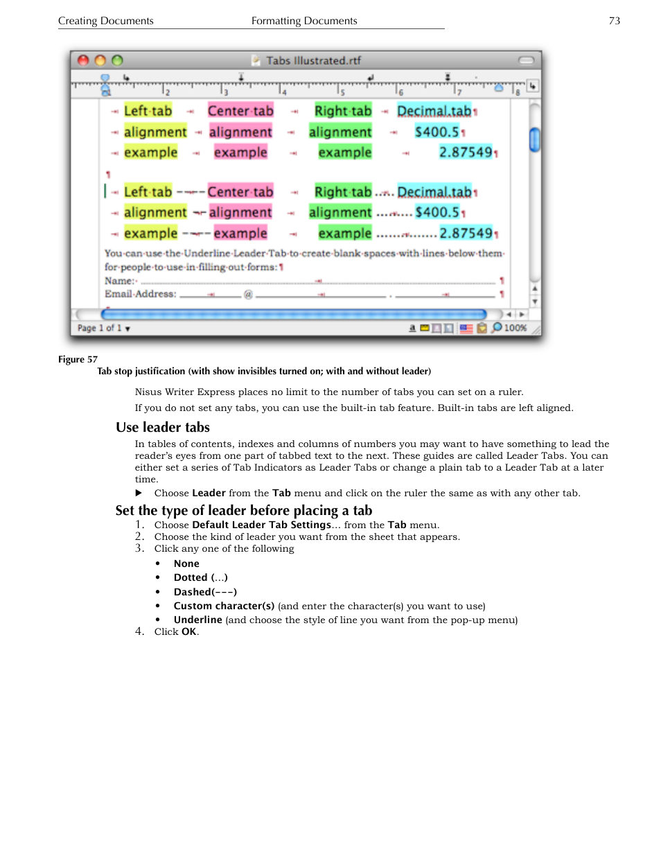 Use leader tabs, Set the type of leader before placing a tab | Nisus Writer Express User Manual | Page 93 / 316