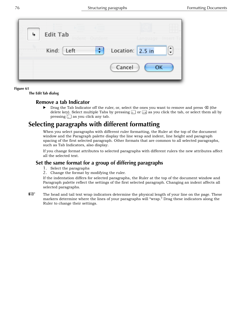 Remove a tab indicator, Selecting paragraphs with different formatting, Format characters | Nisus Writer Express User Manual | Page 96 / 316