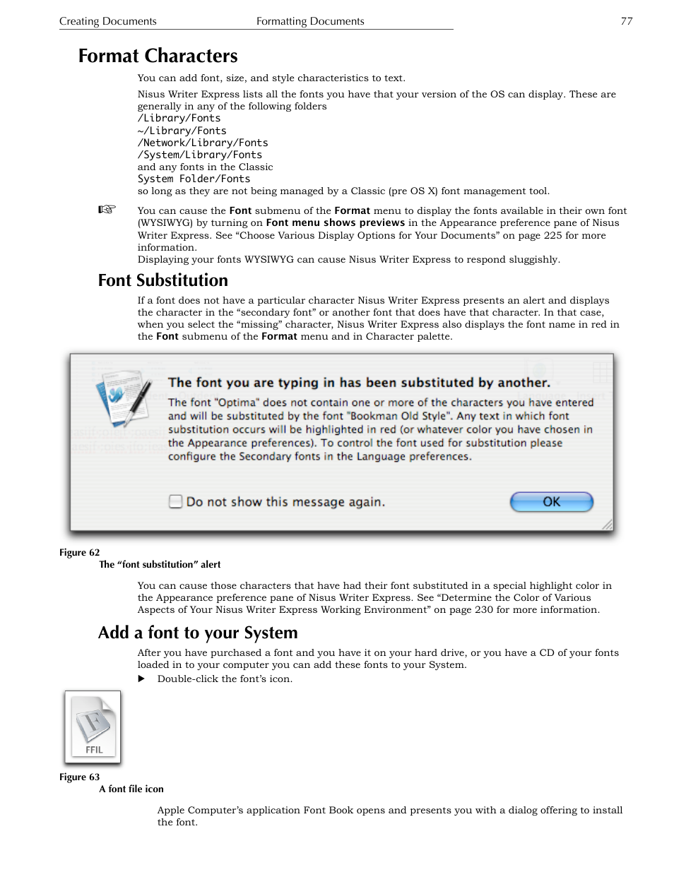 Font substitution, Add a font to your system, Change the font of characters | Format characters | Nisus Writer Express User Manual | Page 97 / 316