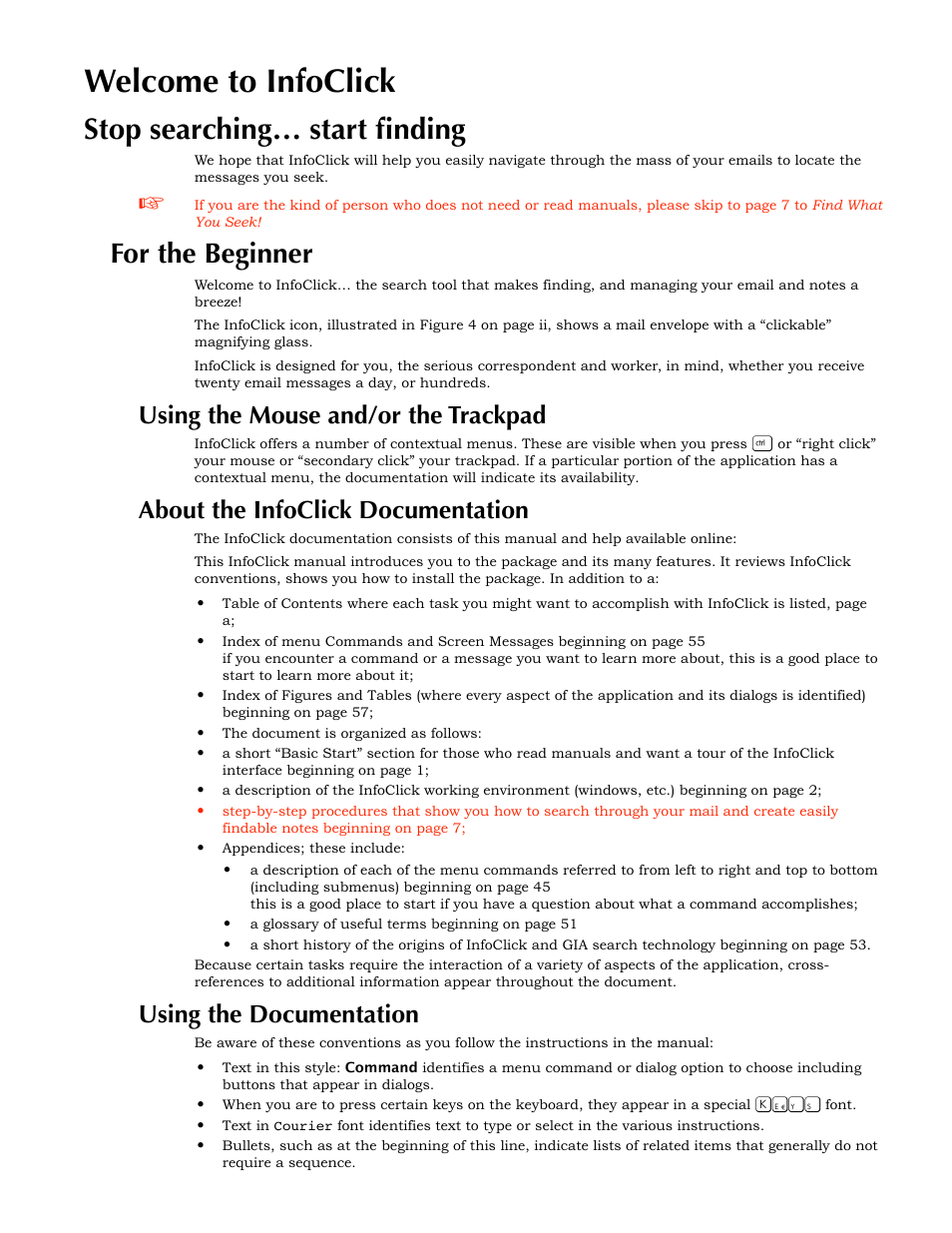 Welcome to infoclick, Stop searching… start finding, For the beginner | Using the mouse and/or the trackpad, About the infoclick documentation, Using the documentation | Nisus InfoClick User Manual | Page 11 / 73