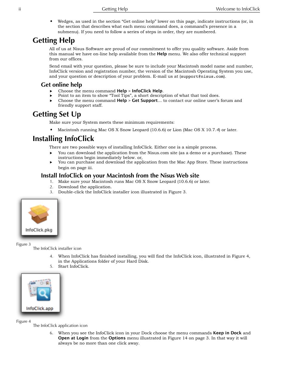 Getting help, Get online help, Getting set up | Installing infoclick, Install infoclick on your macintosh from the nisus, Web site, Figure 4, Ge ii | Nisus InfoClick User Manual | Page 12 / 73