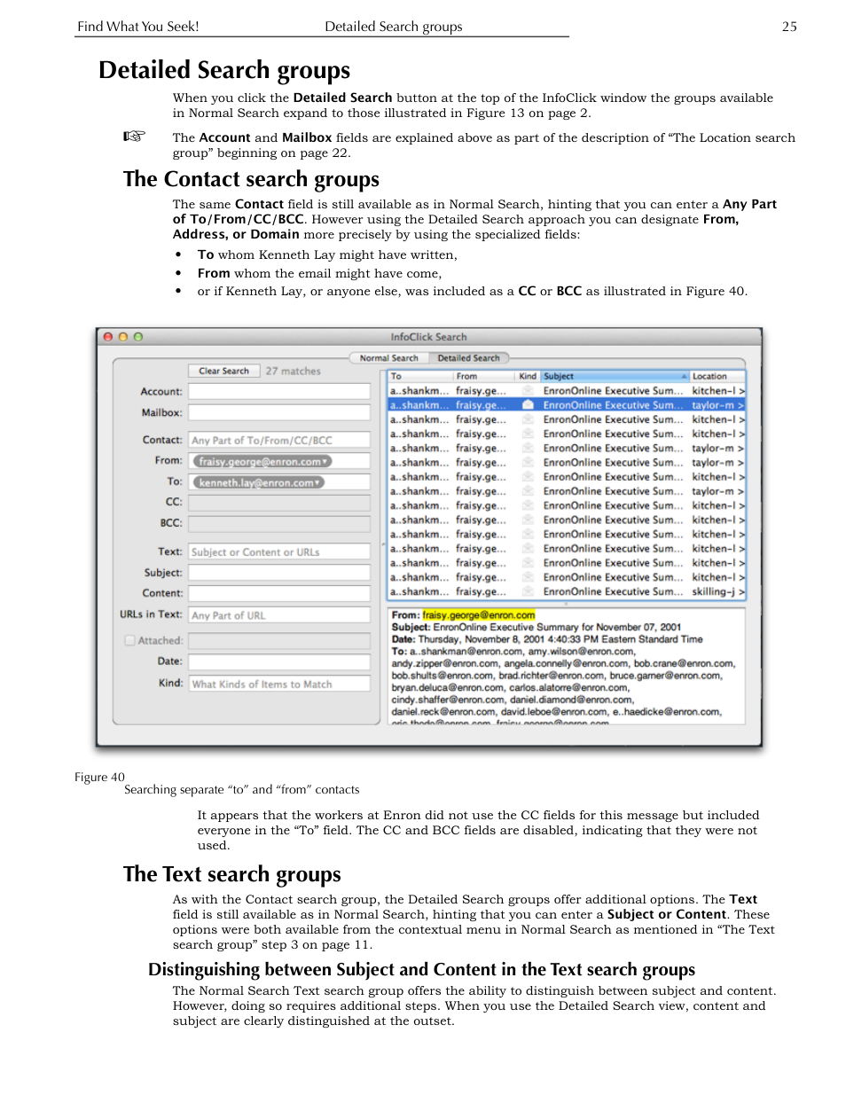 Detailed search groups, The contact search groups, The text search groups | Distinguishing between subject and content in the, Text search groups | Nisus InfoClick User Manual | Page 41 / 73