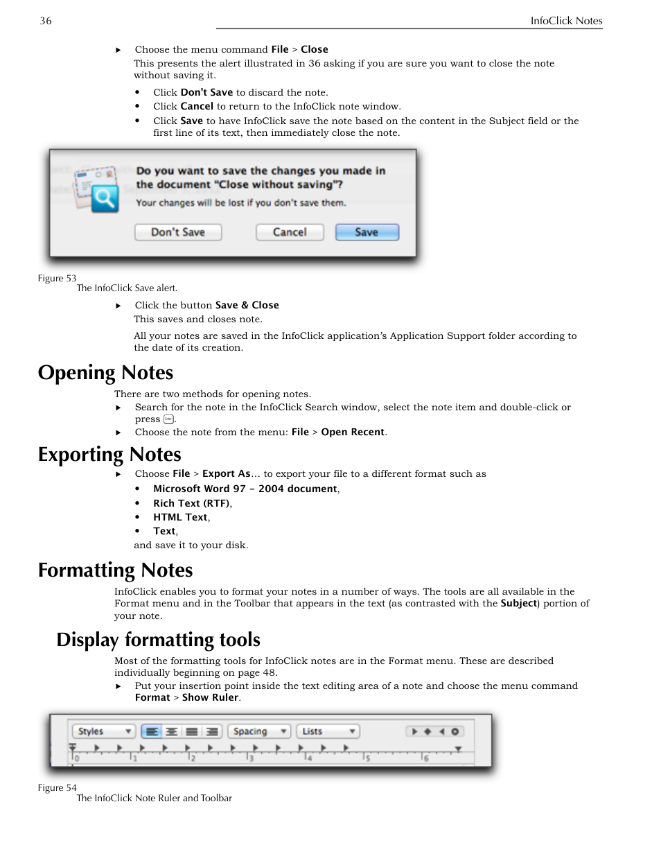 Opening notes, Exporting notes, Formatting notes | Display formatting tools | Nisus InfoClick User Manual | Page 52 / 73