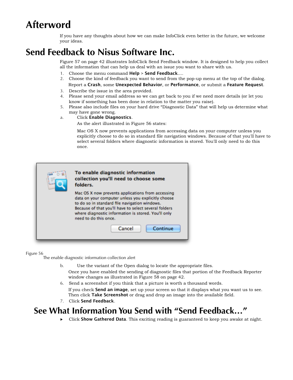 Afterword, Send feedback to nisus software inc, See what information you send with “send feedback | See what information you send with “send, Feedback | Nisus InfoClick User Manual | Page 57 / 73