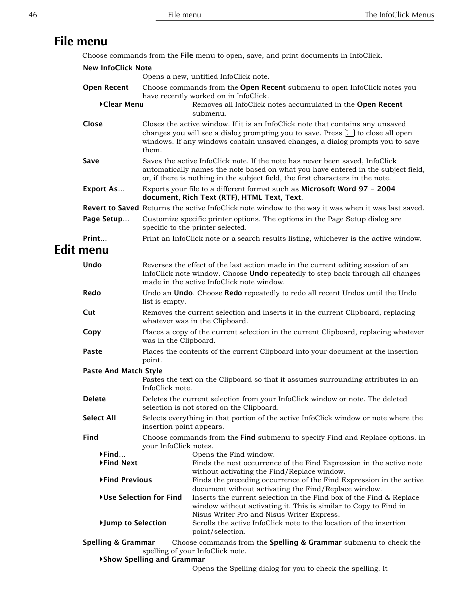 File menu, Edit menu, Ge 46 | Nisus InfoClick User Manual | Page 62 / 73