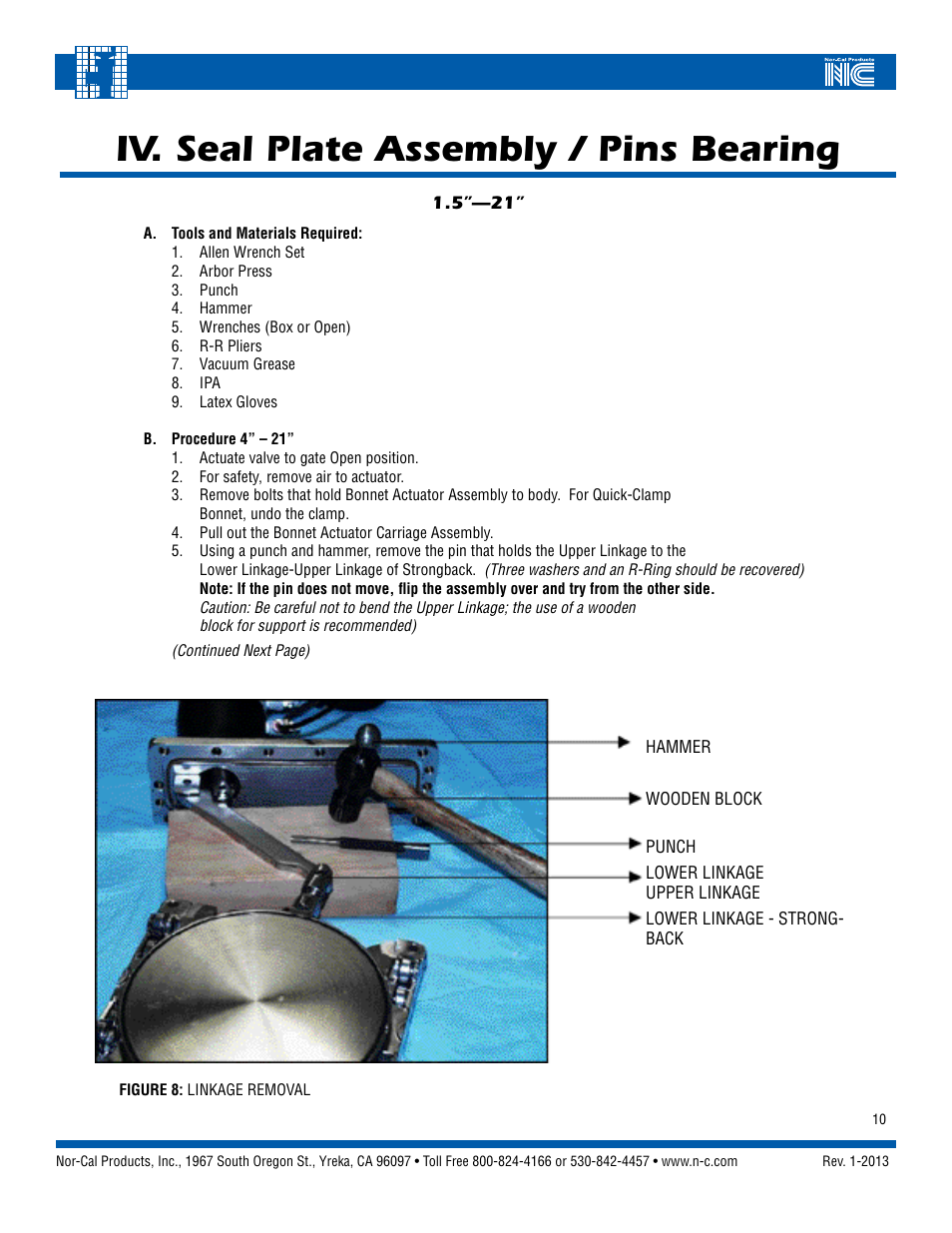 Iv. seal plate assembly / pins bearing | Nor-Cal Linear Gate Valve User Manual | Page 10 / 16