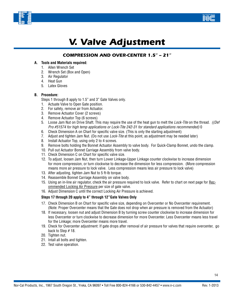 V. valve adjustment | Nor-Cal Linear Gate Valve User Manual | Page 14 / 16