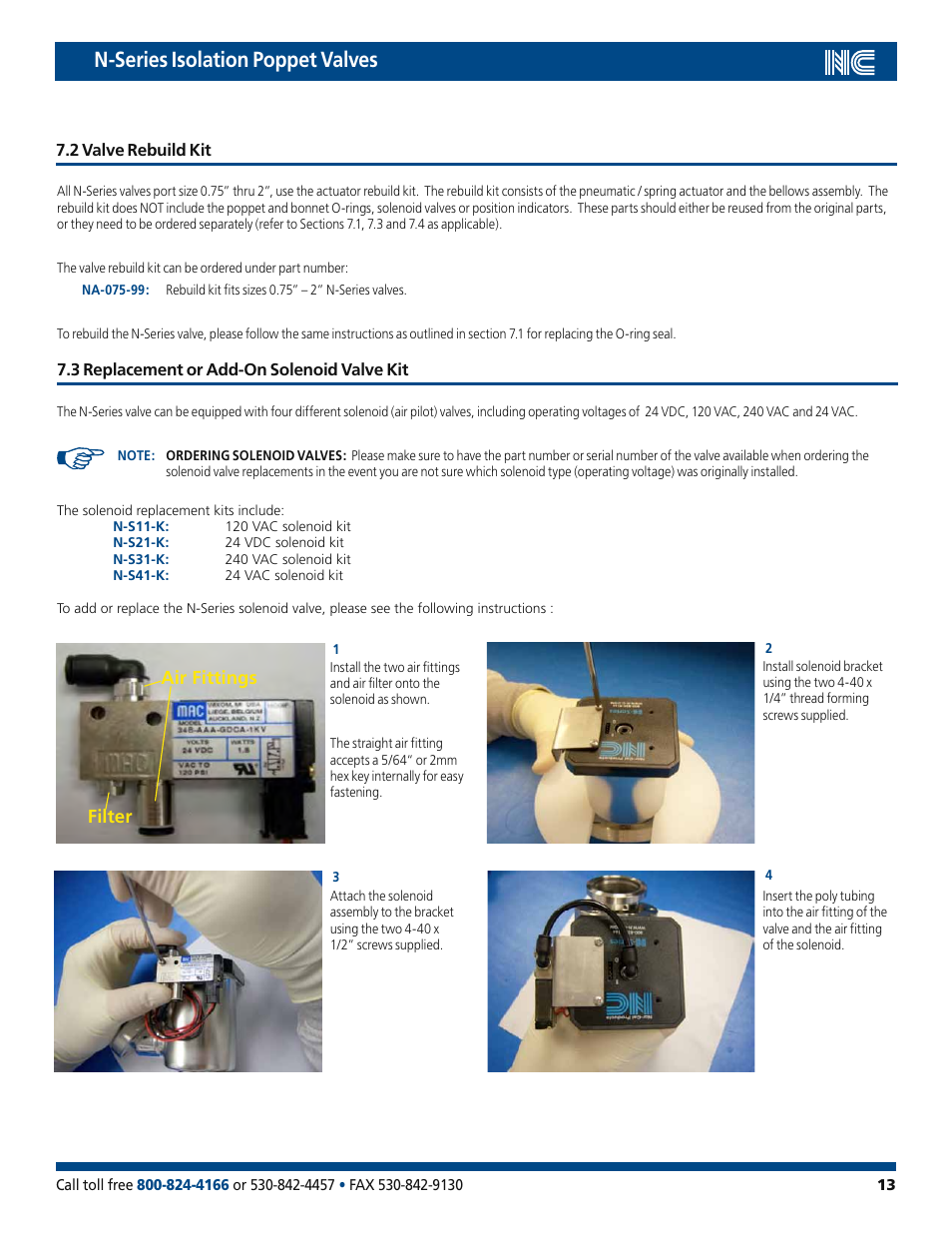 N-series isolation poppet valves, Air fittings filter | Nor-Cal N-Series Op Lit User Manual | Page 13 / 17