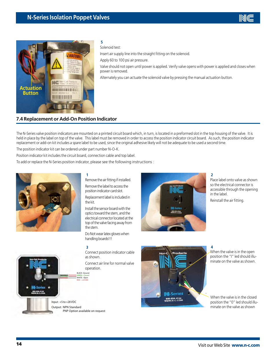 N-series isolation poppet valves, Actuation button, 4 replacement or add-on position indicator | Nor-Cal N-Series Op Lit User Manual | Page 14 / 17