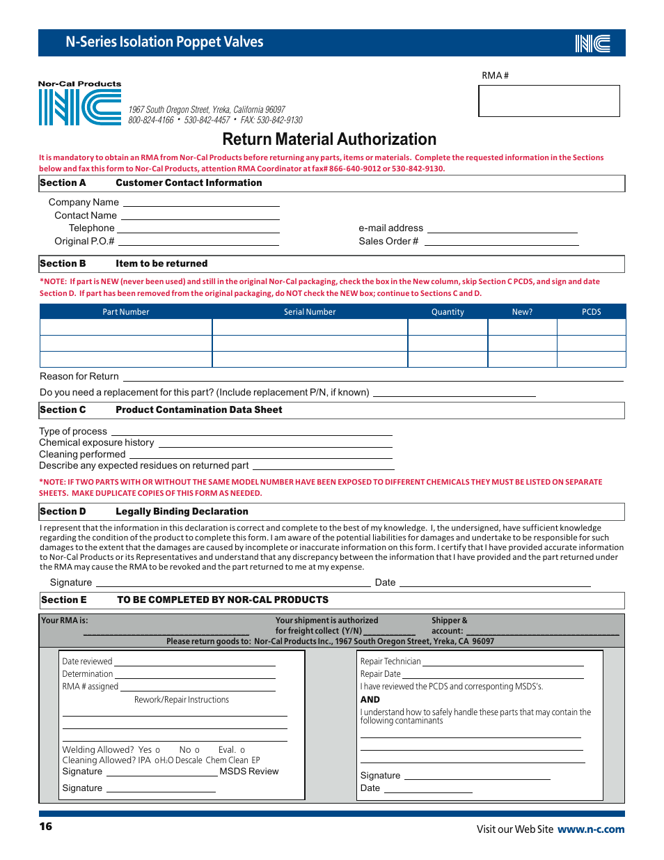 Return material authorization, N-series isolation poppet valves | Nor-Cal N-Series Op Lit User Manual | Page 16 / 17