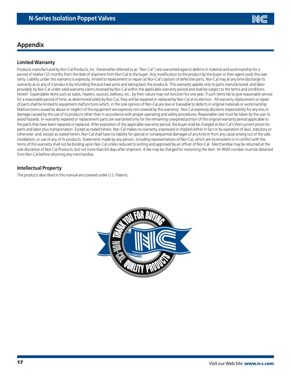 N-series isolation poppet valves appendix | Nor-Cal N-Series Op Lit User Manual | Page 17 / 17