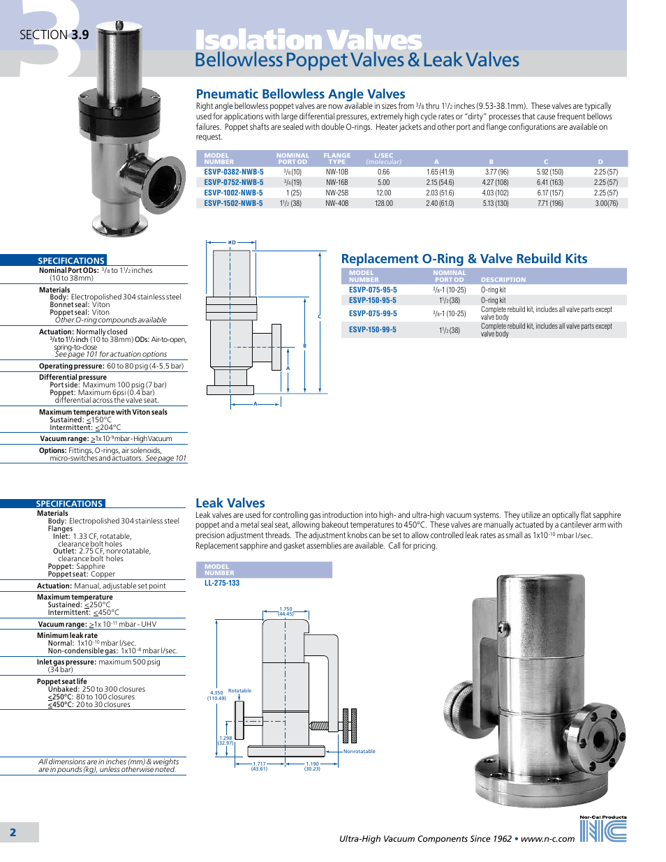 Isolation valves, Bellowless poppet valves & leak valves, Replacement o-ring & valve rebuild kits | Leak valves, Pneumatic bellowless angle valves | Nor-Cal Metal Valve User Manual | Page 2 / 3