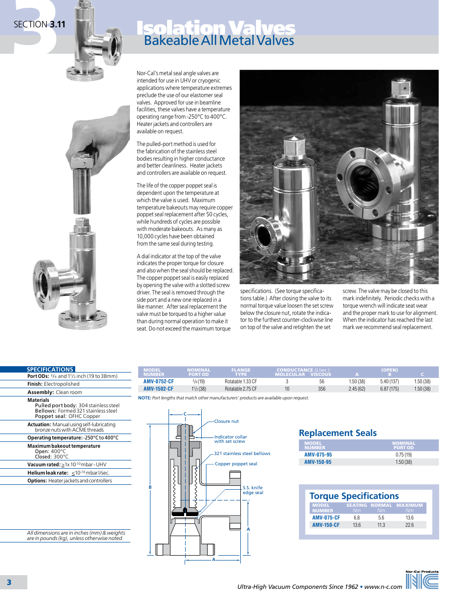 Isolation valves, Bakeable all metal valves, Replacement seals | Torque specifications | Nor-Cal Metal Valve User Manual | Page 3 / 3