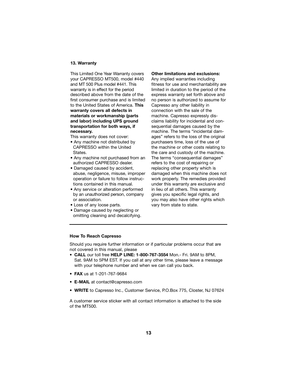 Capresso MT500 Plus User Manual | Page 13 / 14