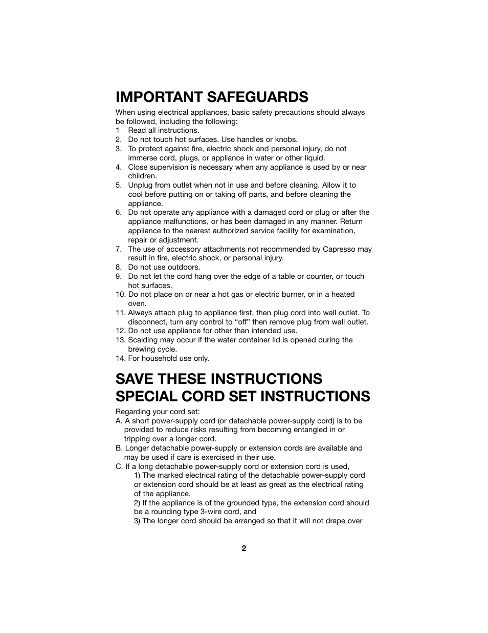 Important safeguards | Capresso MT500 Plus User Manual | Page 2 / 14