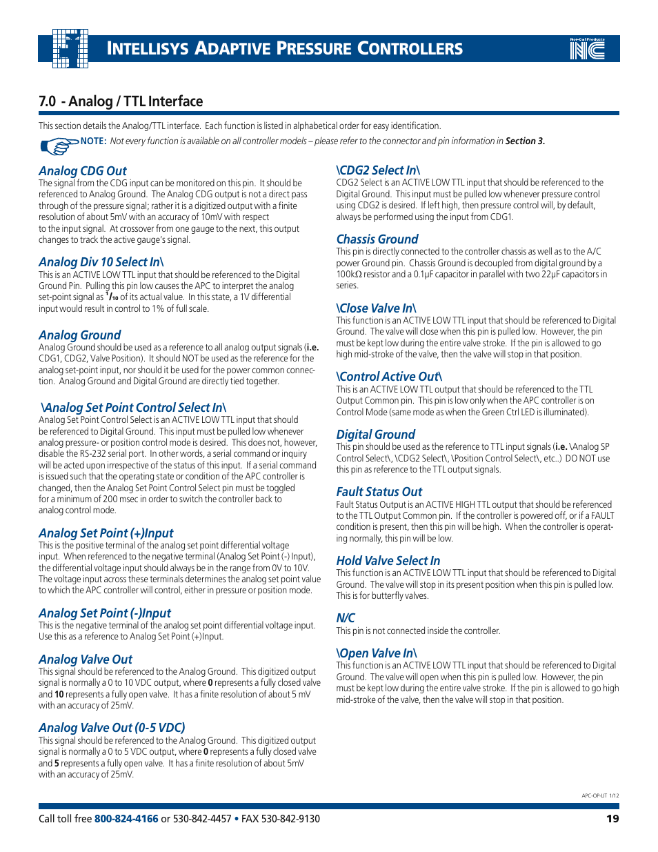 Ntellisys, Daptive, Ressure | Ontrollers, 0 - analog / ttl interface | Nor-Cal Intellisys Adaptive Pressure Controllers User Manual | Page 19 / 45