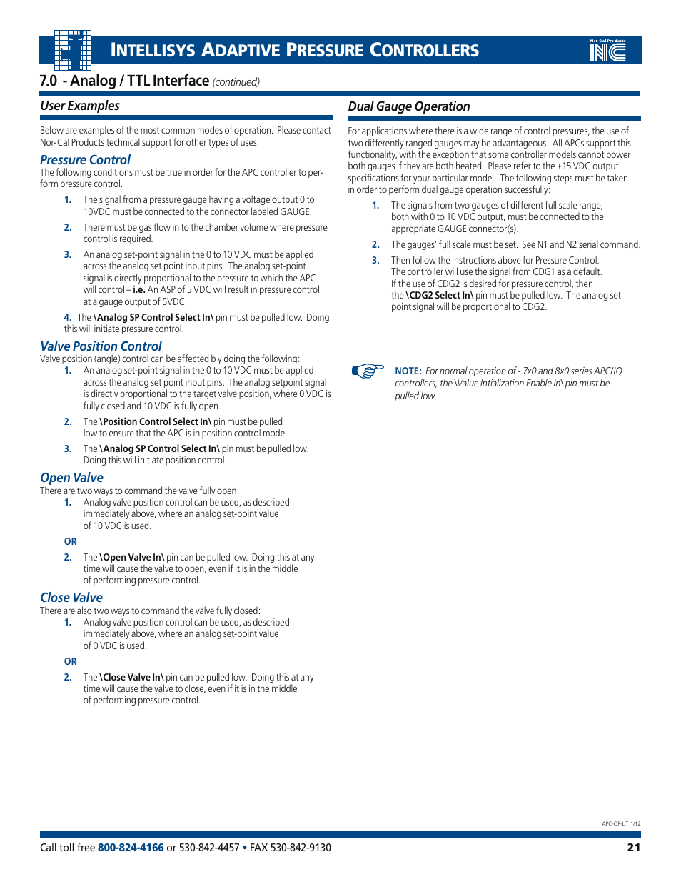 Ntellisys, Daptive, Ressure | Ontrollers, 0 - analog / ttl interface | Nor-Cal Intellisys Adaptive Pressure Controllers User Manual | Page 21 / 45