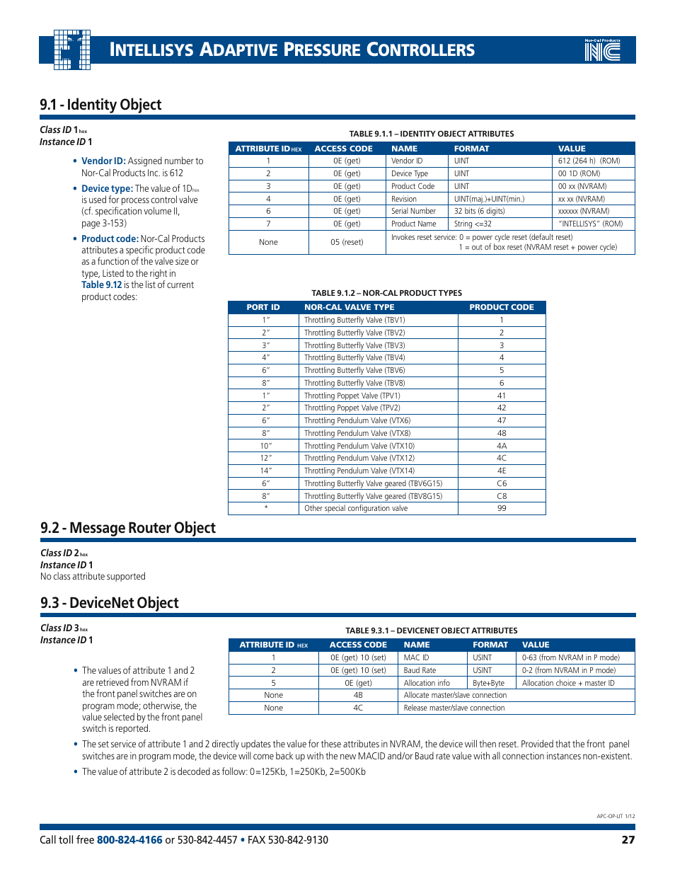 Ntellisys, Daptive, Ressure | Ontrollers, 3 - devicenet object, 1 - identity object, 2 - message router object | Nor-Cal Intellisys Adaptive Pressure Controllers User Manual | Page 27 / 45