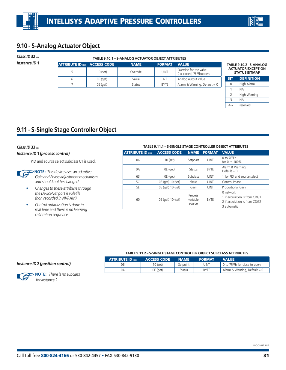 Ntellisys, Daptive, Ressure | Ontrollers, 10 - s-analog actuator object, 11 - s-single stage controller object | Nor-Cal Intellisys Adaptive Pressure Controllers User Manual | Page 31 / 45