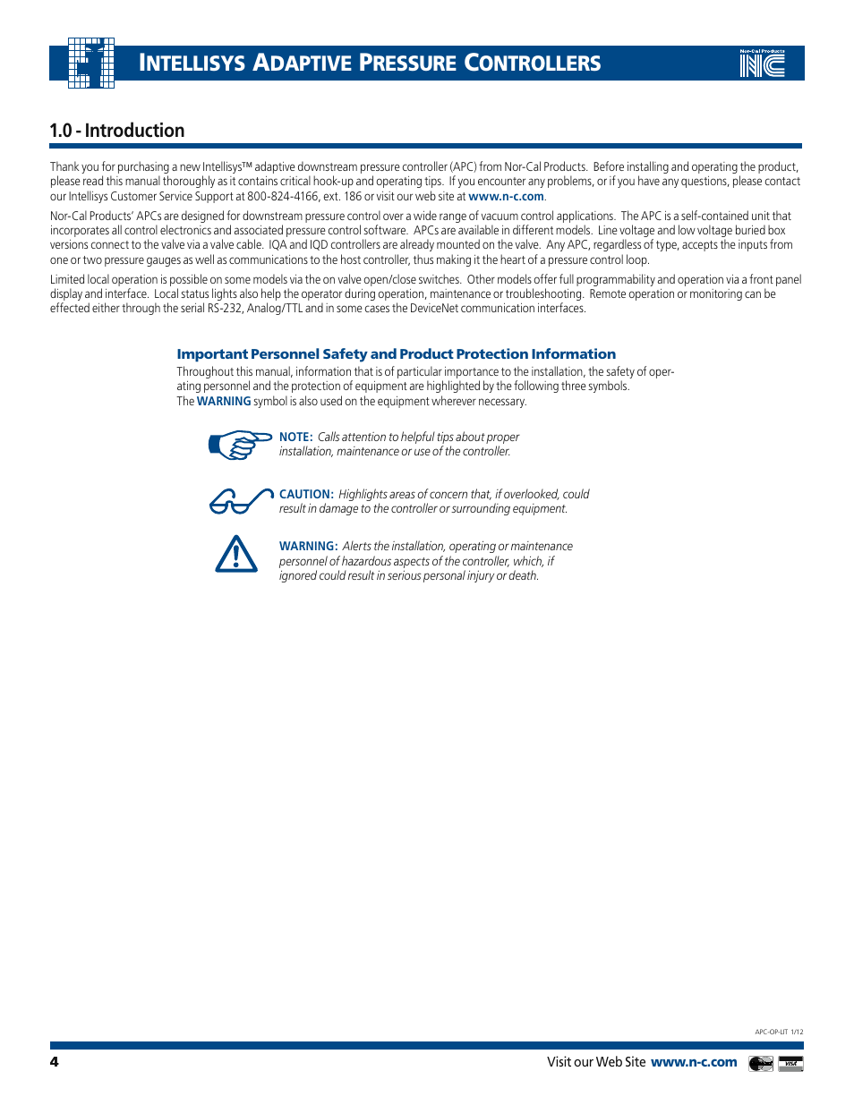 Ntellisys, Daptive, Ressure | Ontrollers, 0 - introduction | Nor-Cal Intellisys Adaptive Pressure Controllers User Manual | Page 4 / 45
