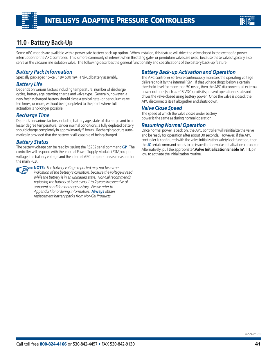 Ntellisys, Daptive, Ressure | Ontrollers, 0 - battery back-up | Nor-Cal Intellisys Adaptive Pressure Controllers User Manual | Page 41 / 45