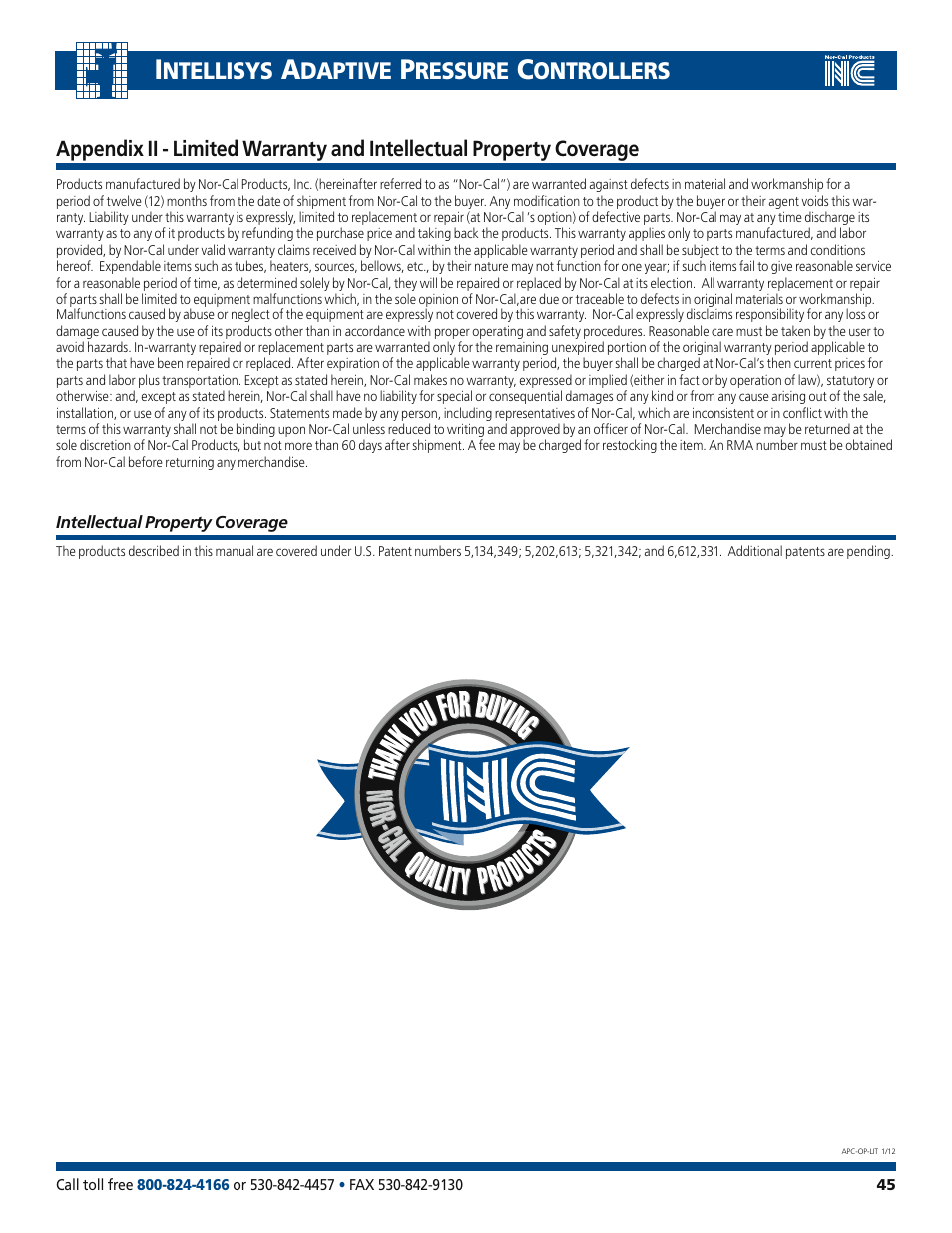 Ntellisys, Daptive, Ressure | Ontrollers | Nor-Cal Intellisys Adaptive Pressure Controllers User Manual | Page 45 / 45