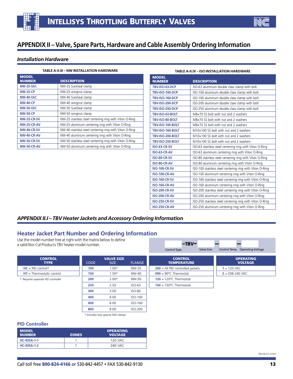 Ntellisys, Hrottling, Utterfly | Alves, Heater jacket part number and ordering information, Installation hardware | Nor-Cal Intellisys Throttling Butterfly Valve User Manual | Page 13 / 14