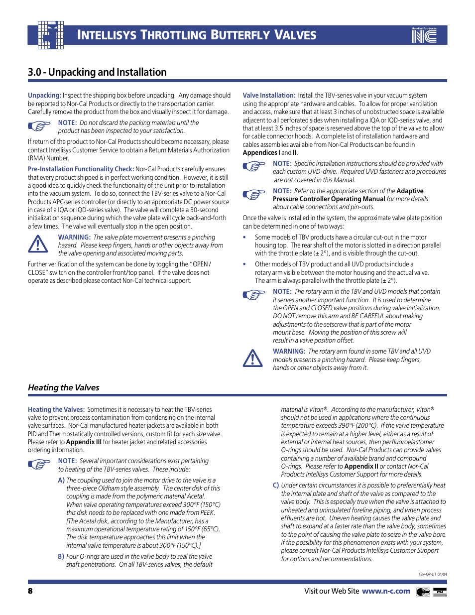 Ntellisys, Hrottling, Utterfly | Alves, 0 - unpacking and installation | Nor-Cal Intellisys Throttling Butterfly Valve User Manual | Page 8 / 14