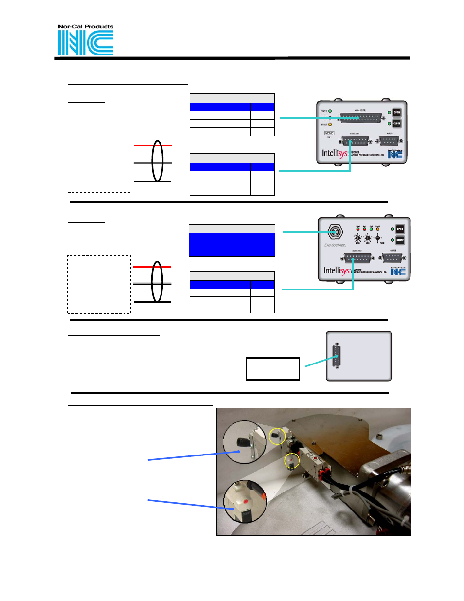 Throttle valve (tpv) connections, Tpv-iqa, Tpv-iqd | Tpv with motor drive, Isolation valve (ipv) connections, Analog/ttl, Auxiliary, Devicenet, Location of air control bracket, V+ v- gnd | Nor-Cal Intellisys Throttling Pendulum Valve User Manual | Page 2 / 2