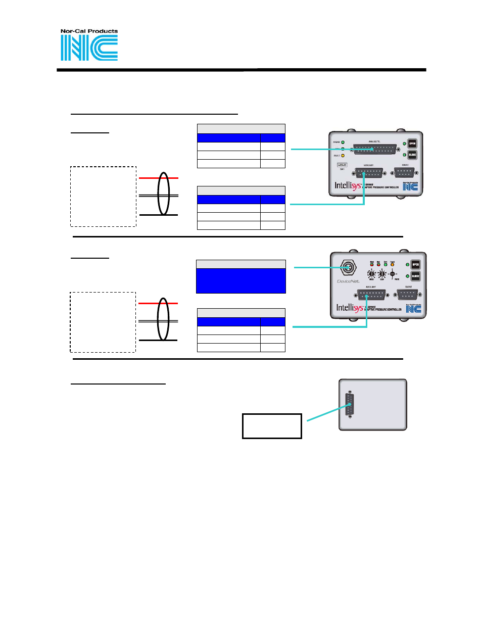 Connections & interfaces, Throttling softshut valve (tss) connections, Tss-iqa | Tss-iqd, Tss with motor drive, Analog/ttl, Auxiliary, Devicenet, V+ v- gnd, Standard motor drive | Nor-Cal Intellisys Throttling SoftShut Valve User Manual | Page 2 / 2