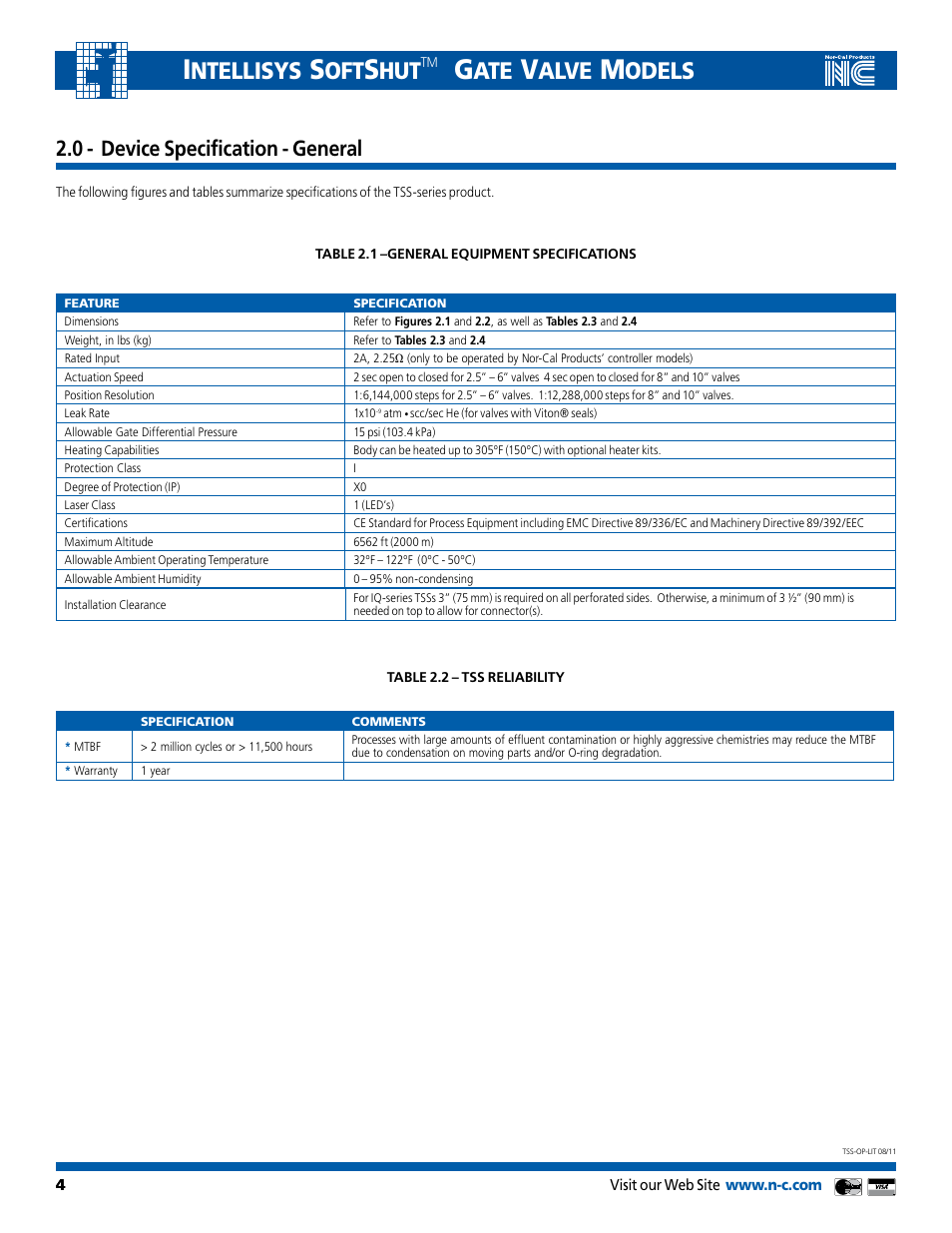 Ntellisys, Alve, Odels | 0 - device specification - general | Nor-Cal Intellisys TSS User Manual | Page 4 / 20