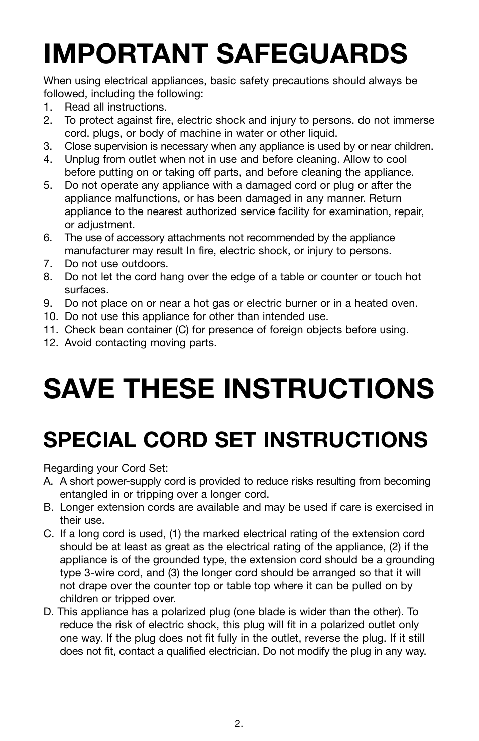 Important safeguards, Save these instructions, Special cord set instructions | Capresso Stainless Steel Burr Grinder 580 User Manual | Page 2 / 6