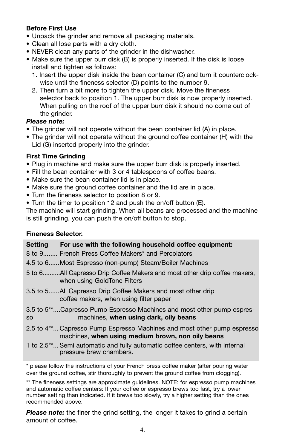 Capresso Stainless Steel Burr Grinder 580 User Manual | Page 4 / 6