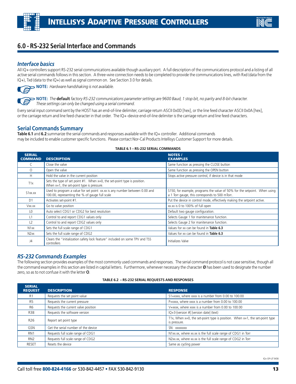 Ntellisys, Daptive, Ressure | Ontrollers, 0 - rs-232 serial interface and commands, Interface basics, Serial commands summary, Rs-232 commands examples | Nor-Cal IQ+ Adaptive Pressure Controller User Manual | Page 13 / 36