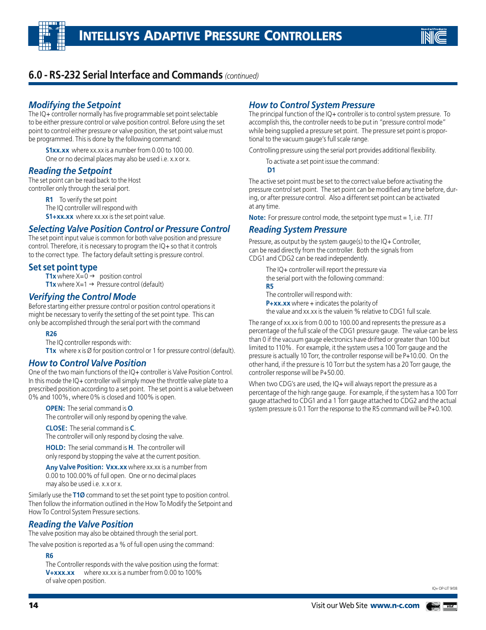 Ntellisys, Daptive, Ressure | Ontrollers, 0 - rs-232 serial interface and commands | Nor-Cal IQ+ Adaptive Pressure Controller User Manual | Page 14 / 36