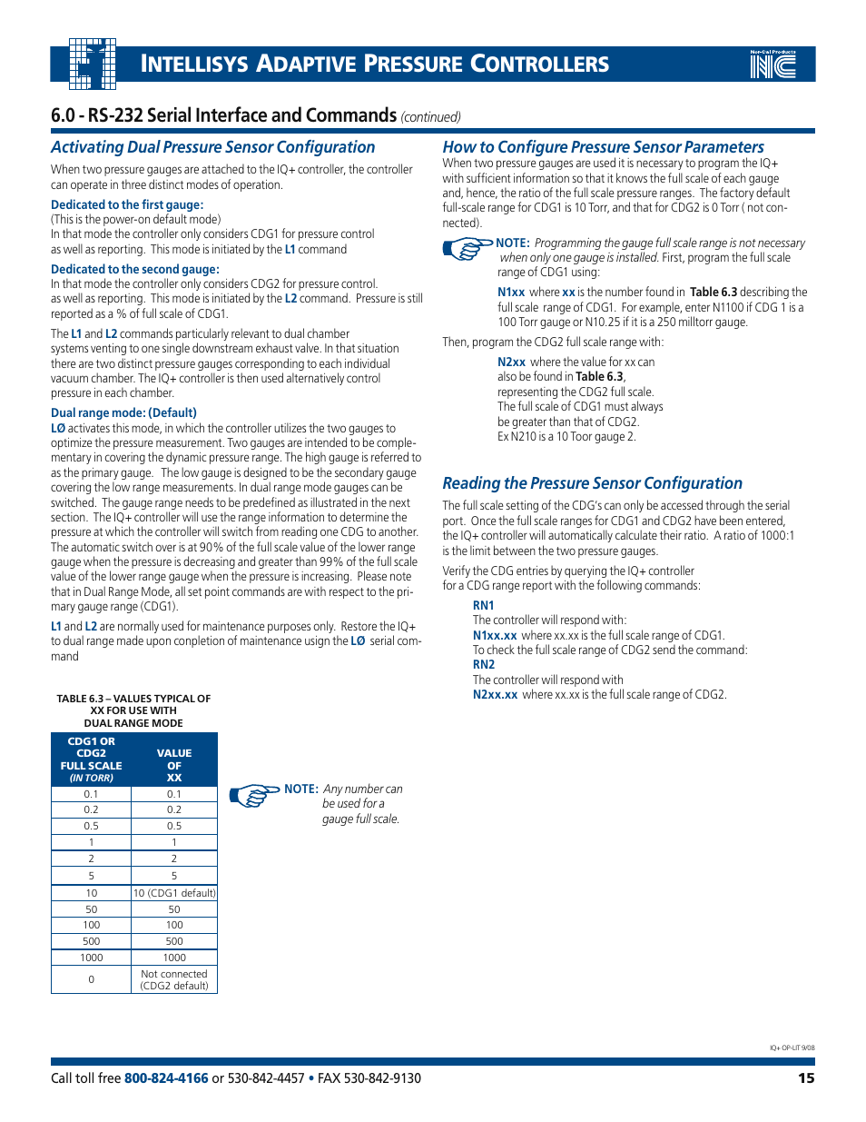 Ntellisys, Daptive, Ressure | Ontrollers, 0 - rs-232 serial interface and commands, How to configure pressure sensor parameters, Reading the pressure sensor configuration, Activating dual pressure sensor configuration | Nor-Cal IQ+ Adaptive Pressure Controller User Manual | Page 15 / 36