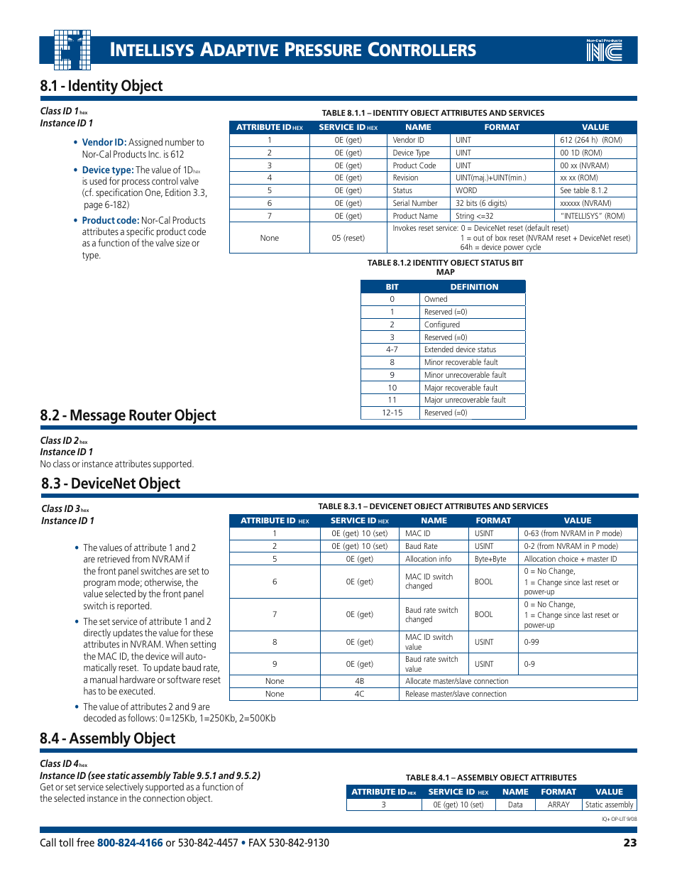 Ntellisys, Daptive, Ressure | Ontrollers, 3 - devicenet object, 1 - identity object, 2 - message router object, 4 - assembly object | Nor-Cal IQ+ Adaptive Pressure Controller User Manual | Page 23 / 36