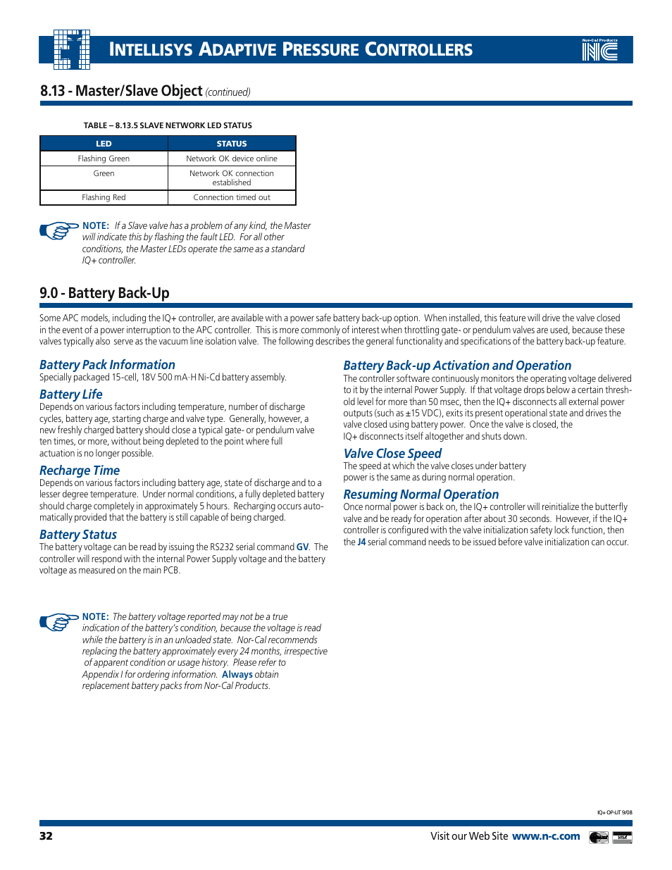 Ntellisys, Daptive, Ressure | Ontrollers, 0 - battery back-up, 13 - master/slave object | Nor-Cal IQ+ Adaptive Pressure Controller User Manual | Page 32 / 36