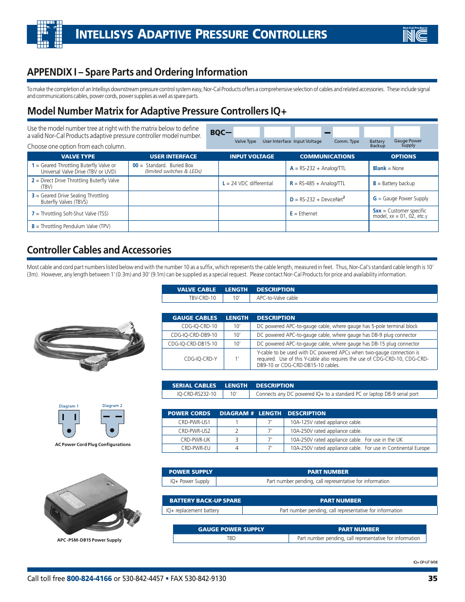 Ntellisys, Daptive, Ressure | Ontrollers, Appendix i – spare parts and ordering information, Controller cables and accessories | Nor-Cal IQ+ Adaptive Pressure Controller User Manual | Page 35 / 36