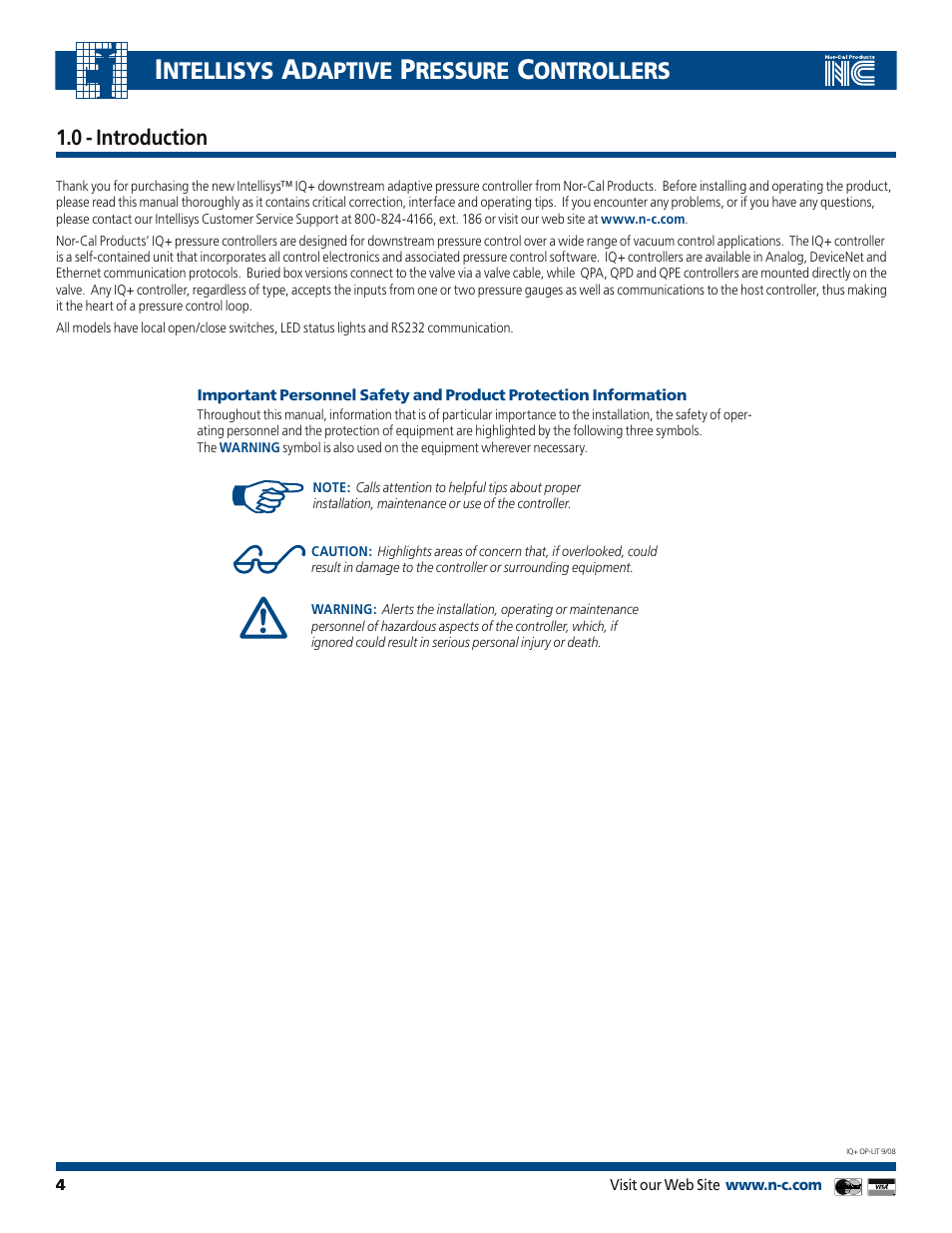 Ntellisys, Daptive, Ressure | Ontrollers, 0 - introduction | Nor-Cal IQ+ Adaptive Pressure Controller User Manual | Page 4 / 36
