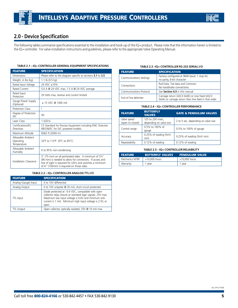 Ntellisys, Daptive, Ressure | Ontrollers, 0 - device specification | Nor-Cal IQ+ Adaptive Pressure Controller User Manual | Page 5 / 36