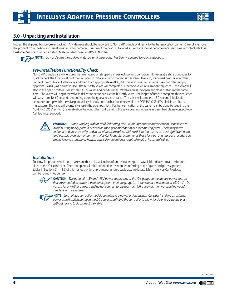 Ntellisys, Daptive, Ressure | Ontrollers, 0 - unpacking and installation | Nor-Cal IQ+ Adaptive Pressure Controller User Manual | Page 6 / 36