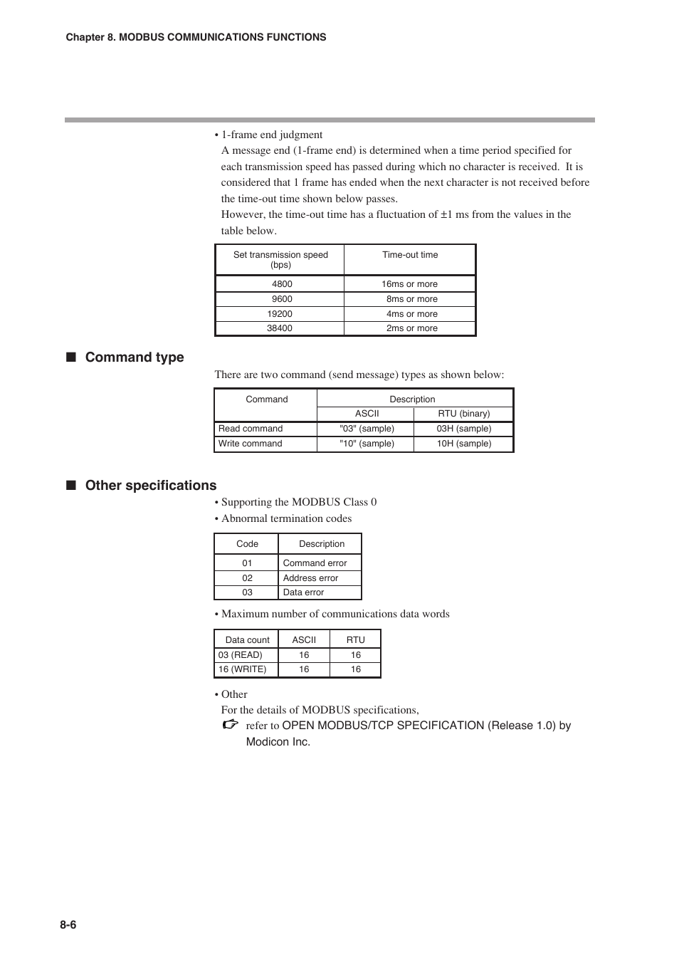 Command type, Other specifications | Nor-Cal SDC15 Controller User Manual | Page 180 / 224
