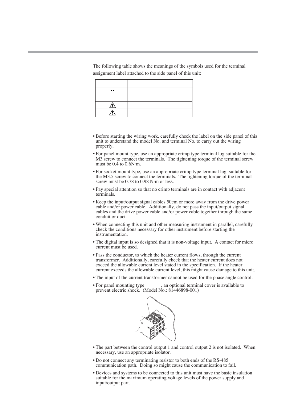 Terminal assignment label symbols, Wiring precautions | Nor-Cal SDC15 Controller User Manual | Page 40 / 224