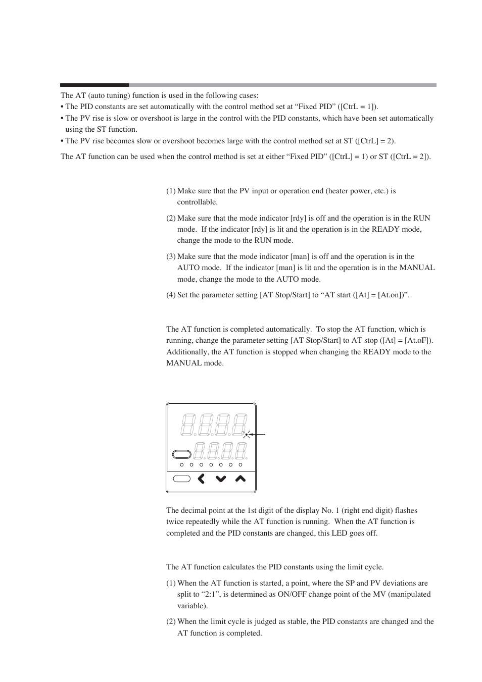 4 at (auto tuning) function, Starting procedures, Stopping procedures | 5 - 4 at (auto tuning) function | Nor-Cal SDC15 Controller User Manual | Page 71 / 224