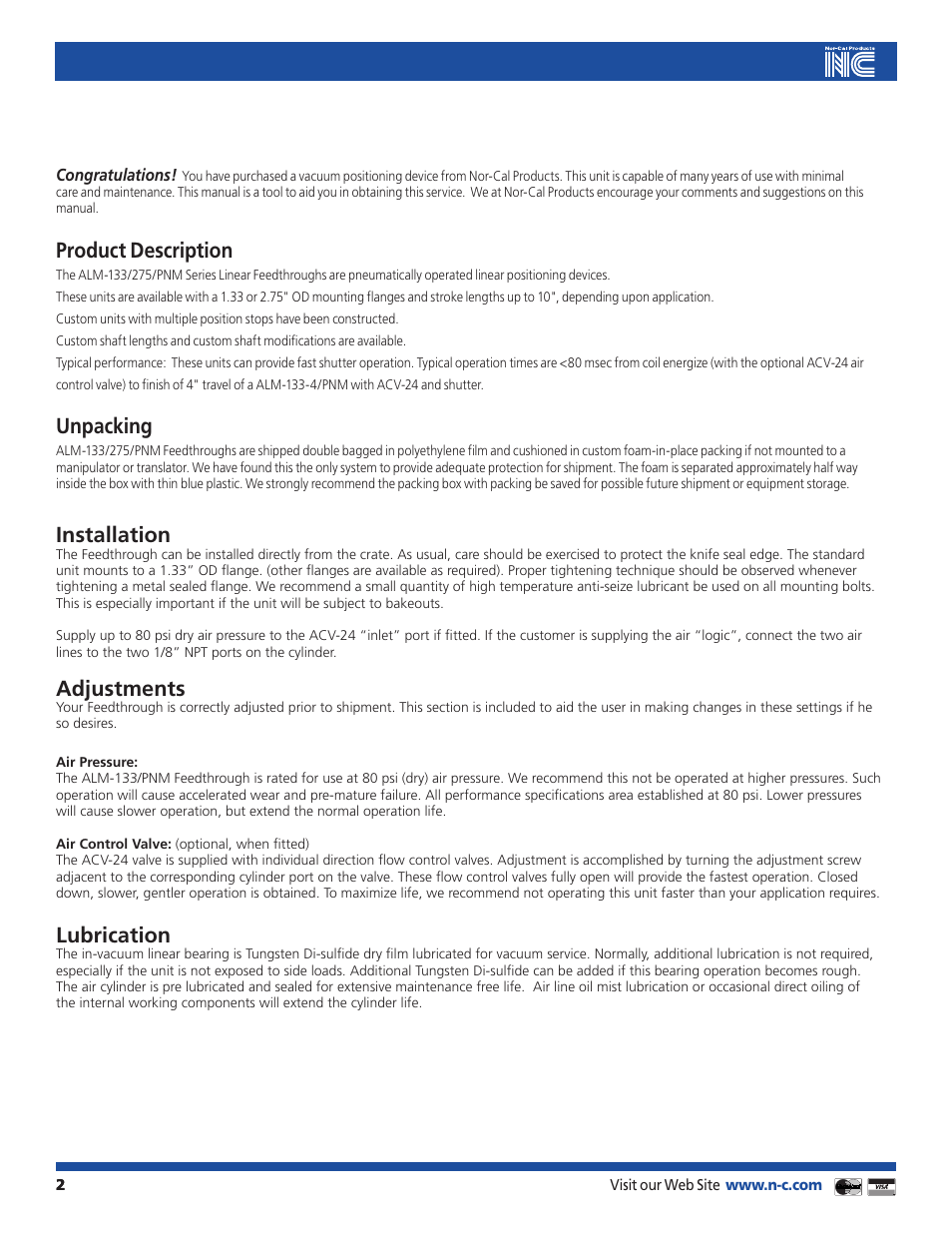 Product description, Unpacking, Installation | Adjustments, Lubrication | Nor-Cal ALM-PNM Series Linear Feedthroughs User Manual | Page 2 / 4