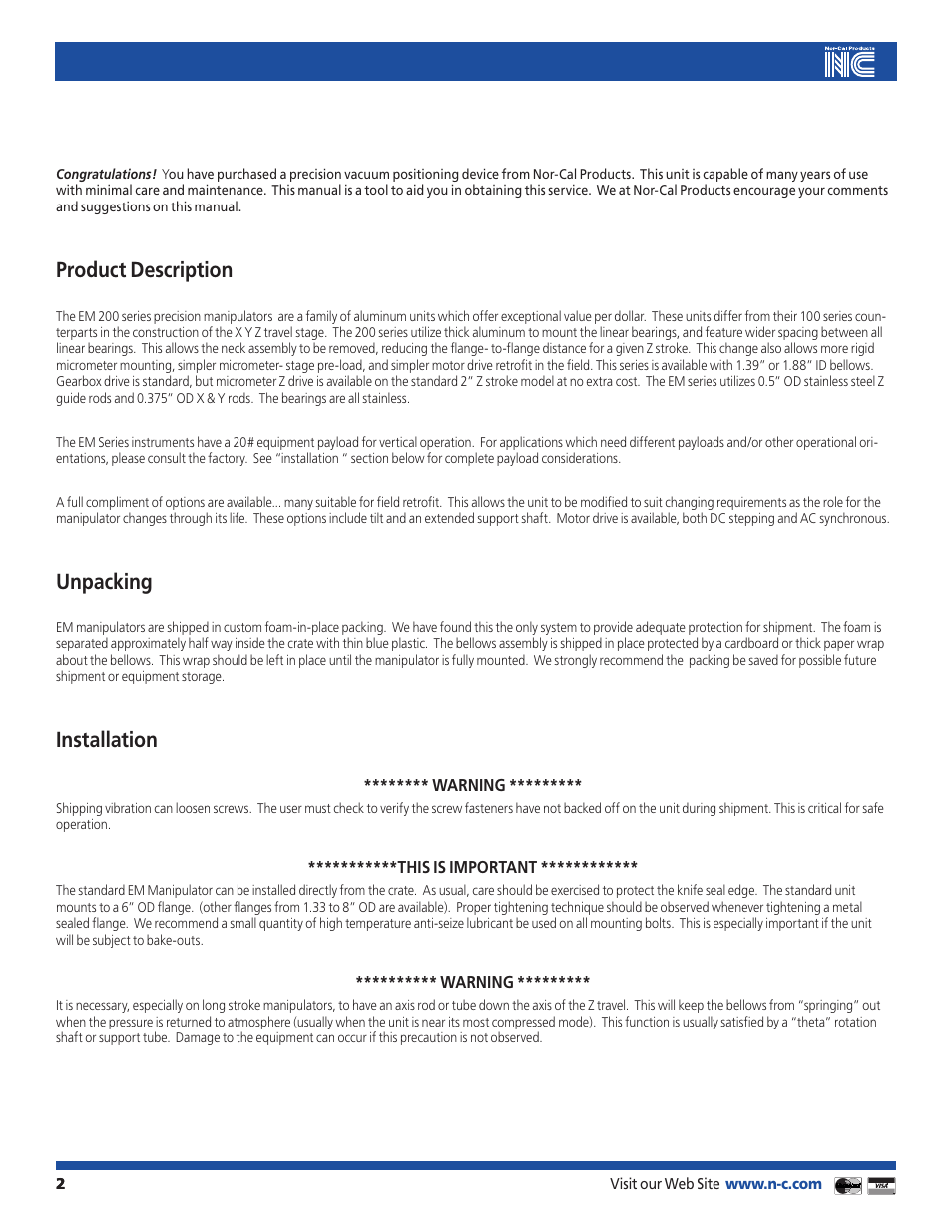 Product description, Unpacking, Installation | Nor-Cal Precision Manipulators Version 1.5 User Manual | Page 2 / 7